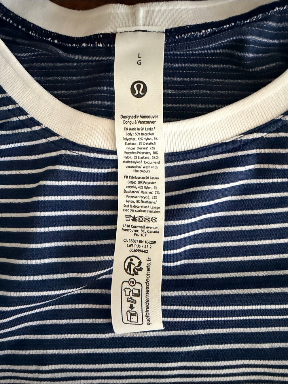 lululemon athletica Navy and White Striped Short Sleeve cropped crew, size L - Picture 2 of 4